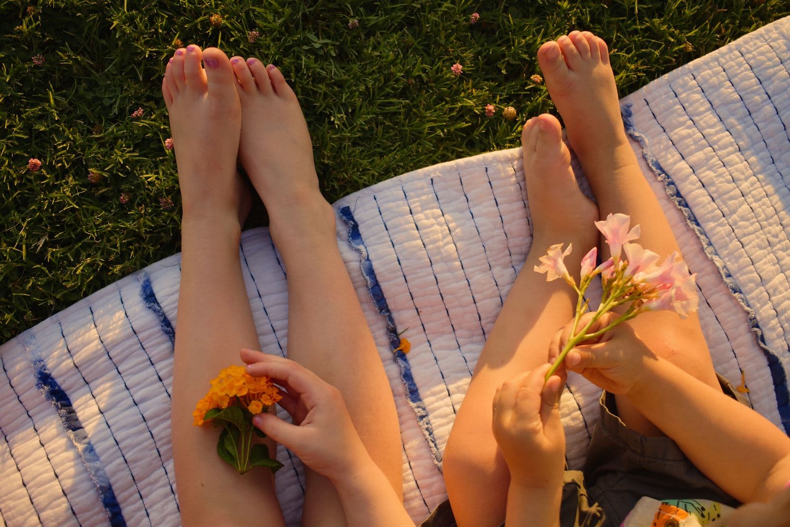 Two children's bare feet on a picnic blanket scattered with marigolds, Las Vegas, NV family session