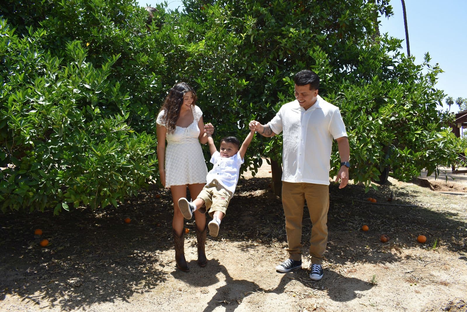 Parents swinging their son between them among the orange trees in Las Vegas, NV