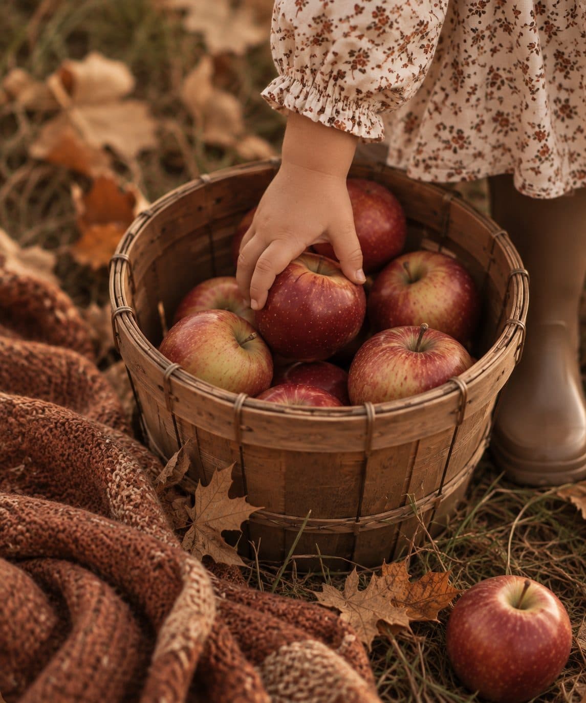 A child in a floral dress reaching into a wooden bushel basket of red apples, a knit blanket and fallen maple leaves on the grass beside it