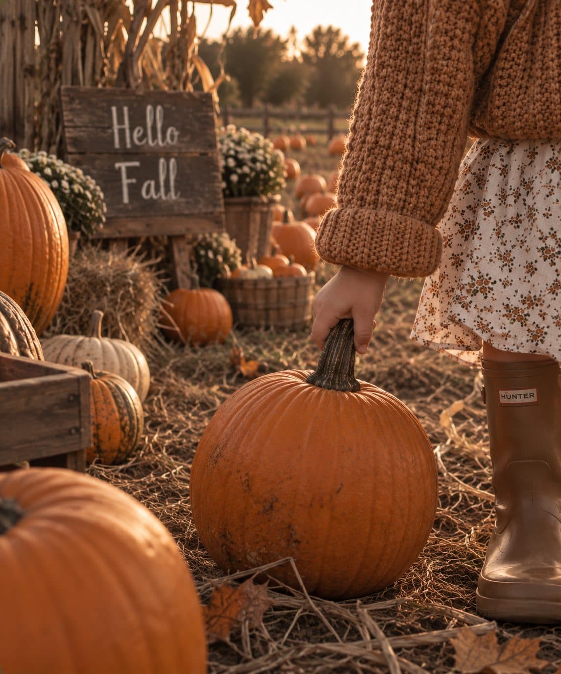 A child in a knit sweater and boots lifting a pumpkin by its stem at a pumpkin patch, hay bales and a hand-painted Hello Fall sign behind her in golden evening light